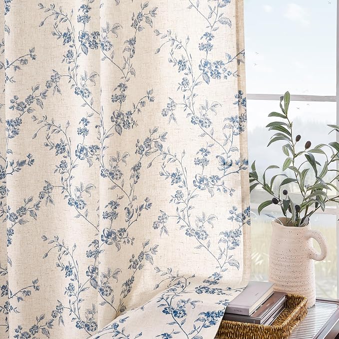Blue Vintage Floral Linen Curtains Farmhouse 38W X 90L 2 Panels | Elisa Series - Image 8