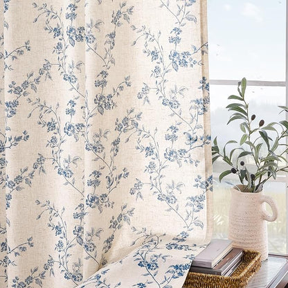 Blue Vintage Floral Linen Curtains Farmhouse 38W X 90L 2 Panels | Elisa Series - Image 8