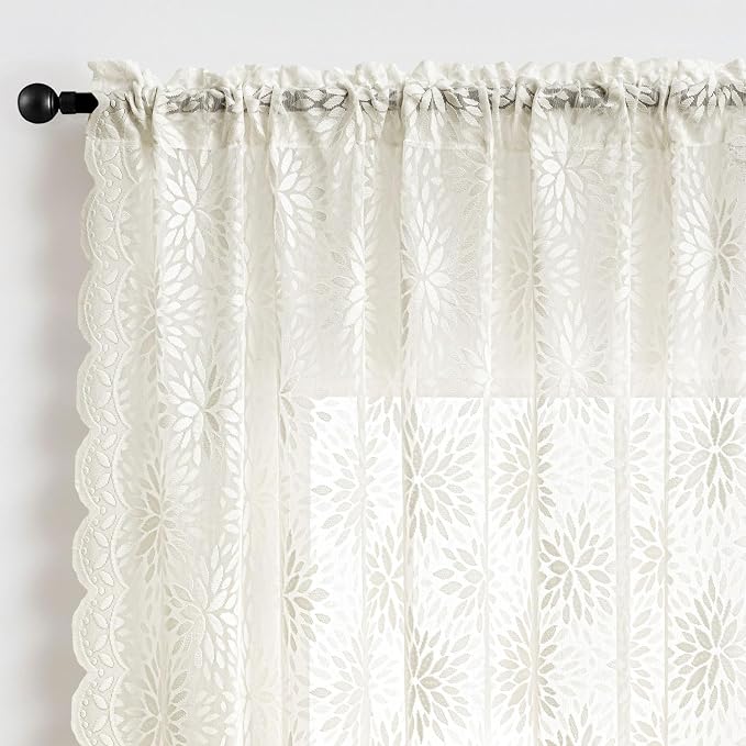 MIULEE Vintage Floral Scalloped Lace Curtains 2 Panels, Ivory 52" W x 54" L | - Image 6