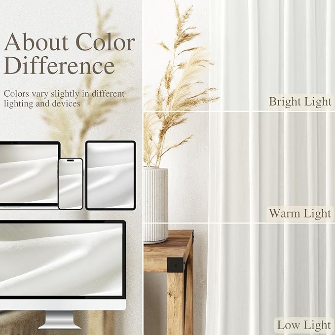 Linen Light Filtering Curtains 96 Inches Long 2 Panels Long Ivory Semi Sheer - Image 4