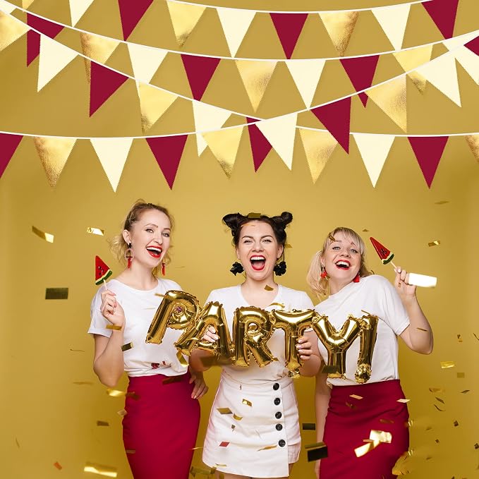 Burgundy Party Decorations Gold Maroon Beige Fabric Triangle Pennant Banner - Image 5