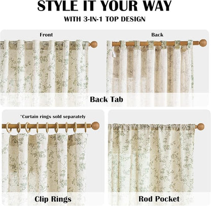 Green Vintage Floral Linen Curtains Farmhouse 50W X 84L 2 Panels | Elisa Series - Image 5
