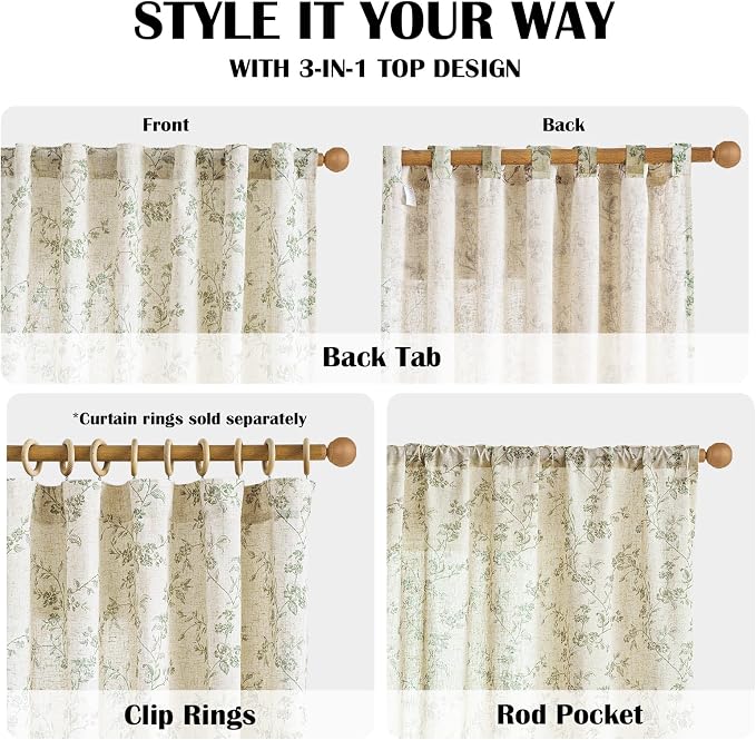 Green Vintage Floral Linen Curtains Farmhouse 50W X 96L 2 Panels | Elisa Series - Image 5