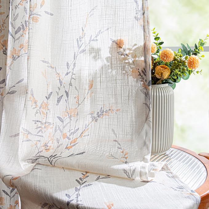 MYSKY HOME Sheer Curtains 108 Inch Length Semi Flax Linen Floral Farmhouse - Image 7