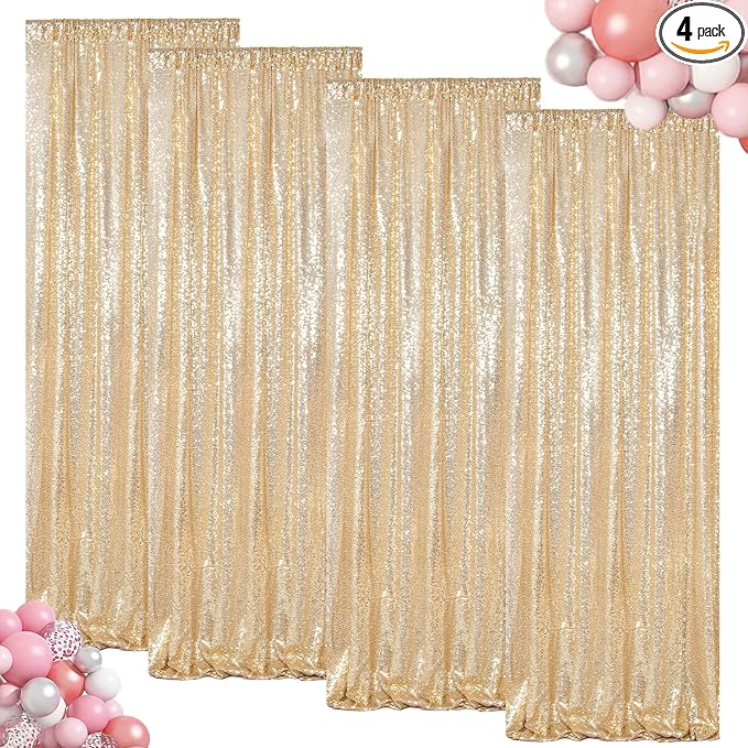 ShinyBeauty Gold Sequin Backdrop 4 Panels 2x8ft Light Gold | Shimmer Curtains by ShinyBeauty