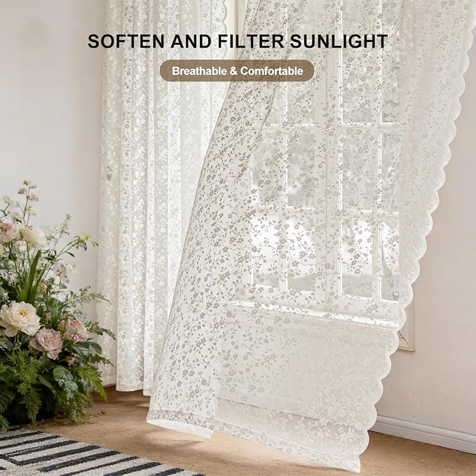 Anmao Vintage Lace Sheer Curtains 63 Inches Long - Image 2