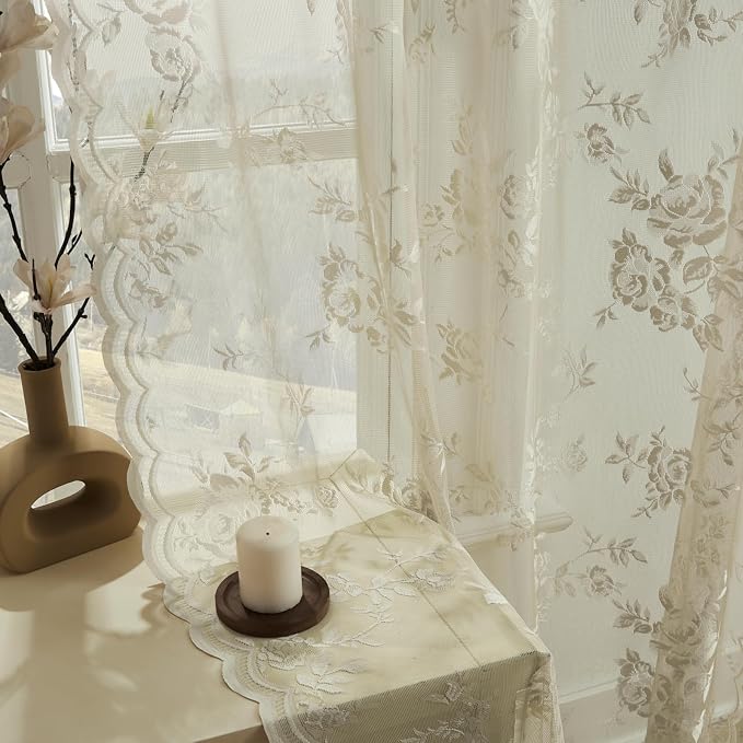 Khaki Lace Curtains 108 Inches Long 2 Panels Vintage Floral Curtains Botanical - Image 4