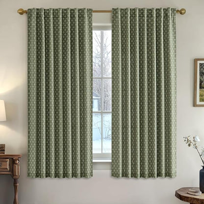 MIULEE Patterned Farmhouse Linen Curtains, Back Tab, Olive Green | Linen - Image 2