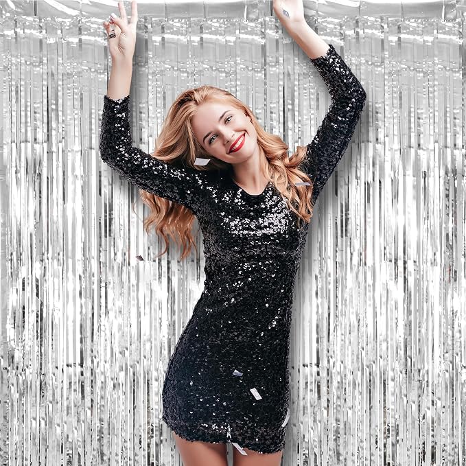 Voircoloria Silver Foil Fringe Backdrop Curtains, 2 Pack | Tinsel Streamers - Image 7