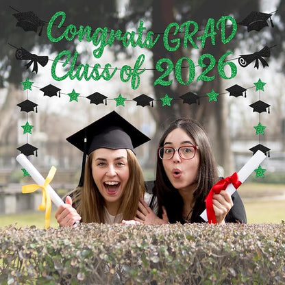Black and Green Graduation Banner 2026, GlitterGreen Class of 2026 Banner - Image 5