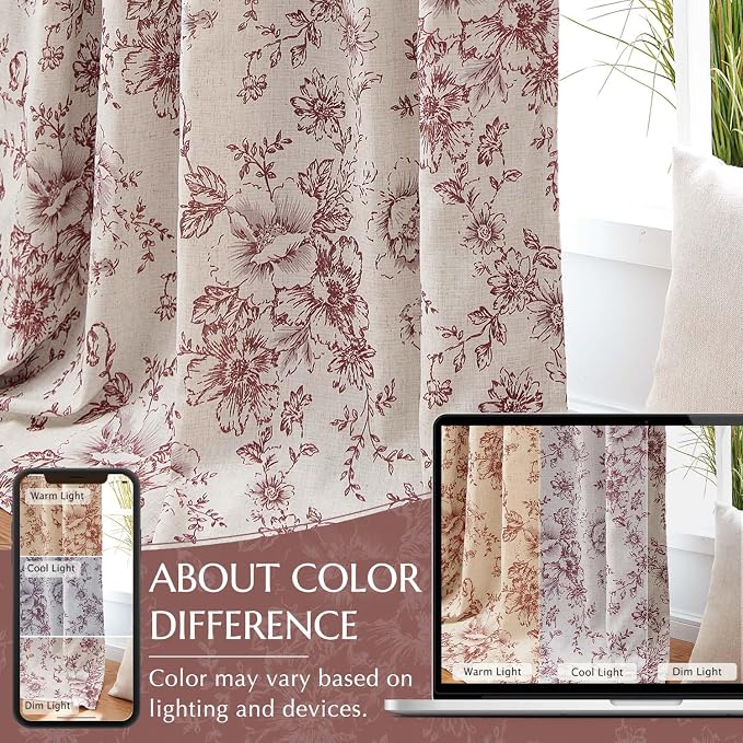 jinchan Red Floral Linen Blackout Curtains Lined 96 Inch Back Tab 2 Panels | - Image 6