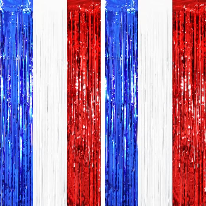 Voircoloria Red White Blue Foil Fringe Backdrop Curtains, 2 Pack | Tinsel by Voircoloria