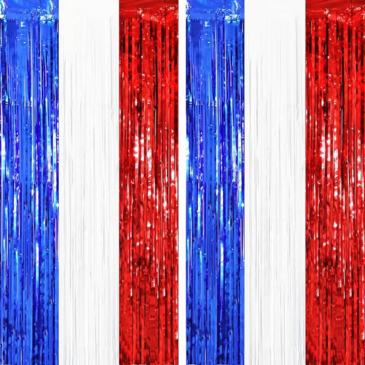 Voircoloria Red White Blue Foil Fringe Backdrop Curtains, 2 Pack | Tinsel by Voircoloria