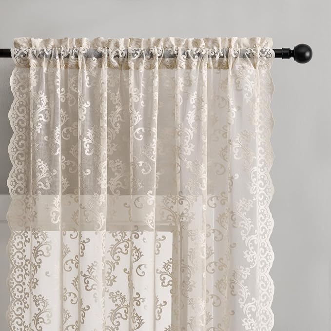 FOLKSIDE Khaki Lace Curtains 84 Inches Long 2 Panels Neutral Paisley Floral - Image 3