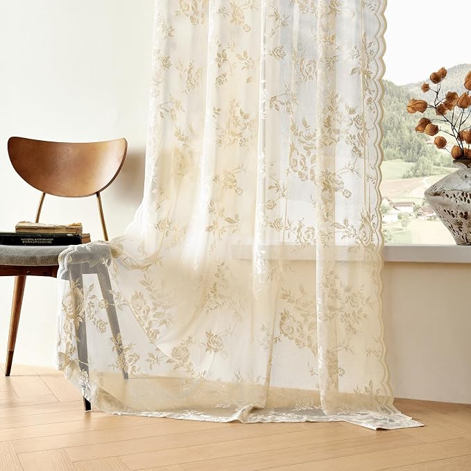 Beige Lace Curtains 120 Inches Long 2 Panels Vintage Floral Sheer Curtains - Image 7