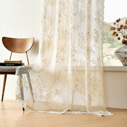 Beige Lace Curtains 120 Inches Long 2 Panels Vintage Floral Sheer Curtains - Image 7