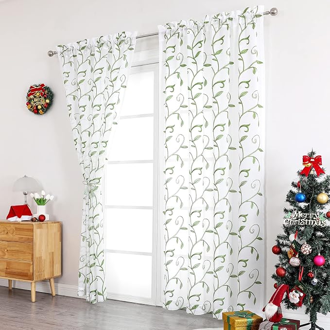 White Sheer Curtains Green Embroidered Leaves 2 Panels 54Wx63L | Light - Image 2