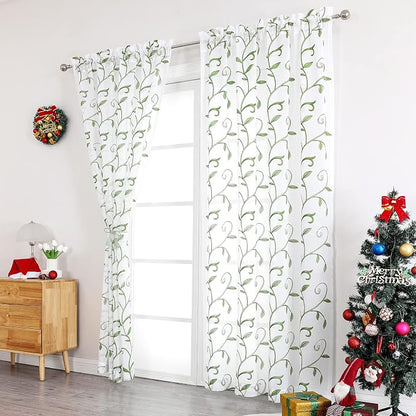 White Sheer Curtains Green Embroidered Leaves 2 Panels 54Wx63L | Light - Image 2