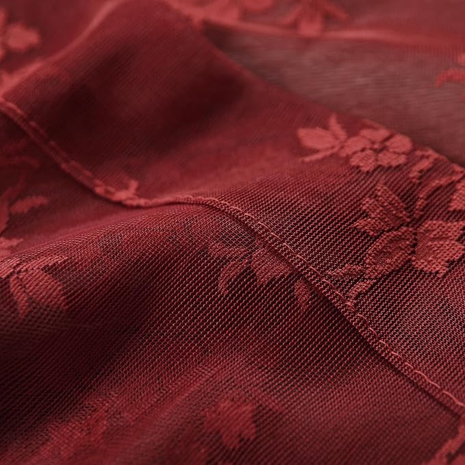 Kotile Burgundy Lace Curtains for Living Room Floral 52 x 80 Inch 2 Panels | - Image 8