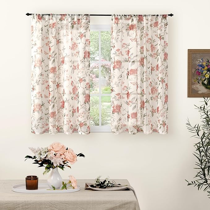 Sheer Curtains 54 Inch Length 2 Panels Set, Floral Patterned Linen Look by Lajode