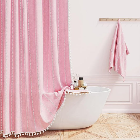 72x96 Extra Long Boho Linen Heavy Duty Shower Curtain Set, Blush Pink | Extra by ShowerCurtain