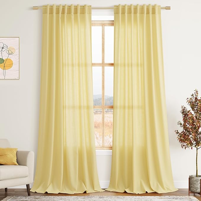 Yellow Linen Semi Sheer Curtains 120 Inches Long 2 Panels Set Back Tab Loop by Nanspring