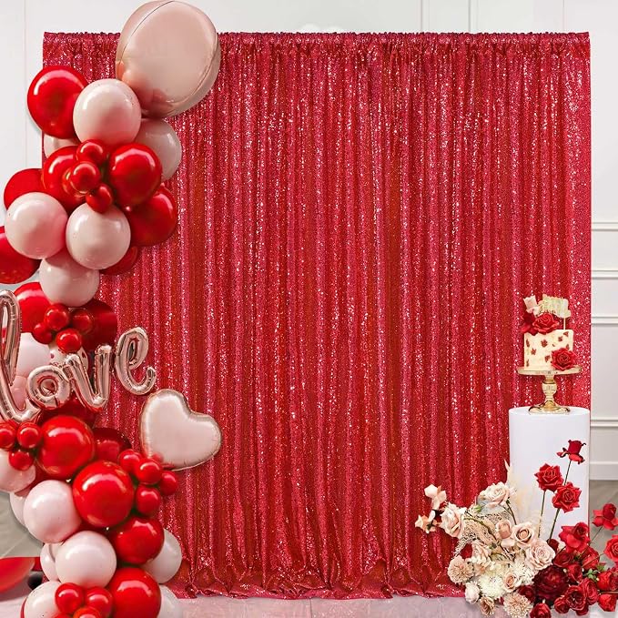 8ft x 8ft Red Sequin Backdrop Curtain Sparkle Photo Backdrop | Glitter Photo - Image 3