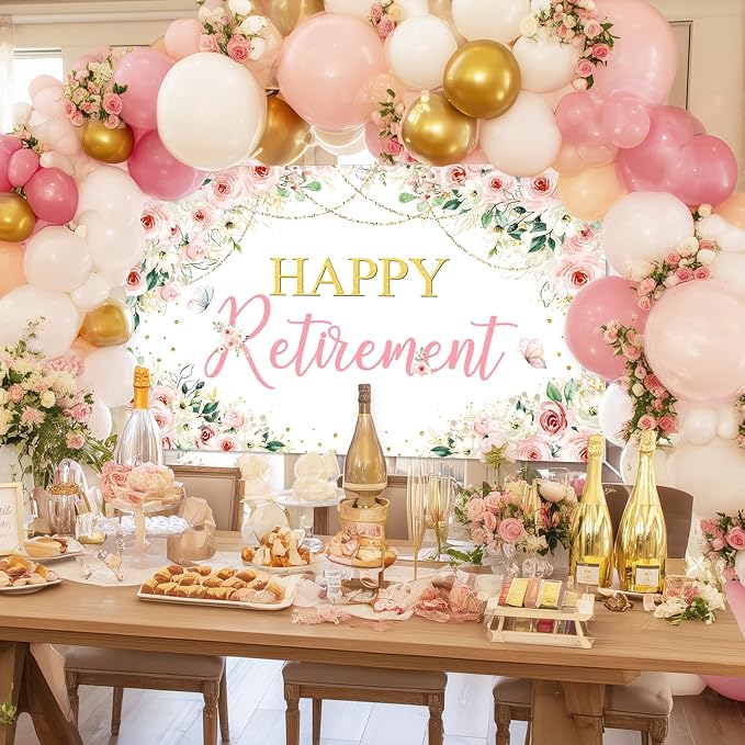Mocsicka Happy Retirement Backdrop Pink Floral Retirement Banner - Image 2