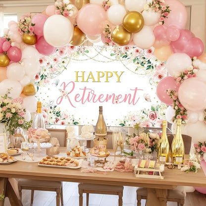 Mocsicka Happy Retirement Backdrop Pink Floral Retirement Banner - Image 2