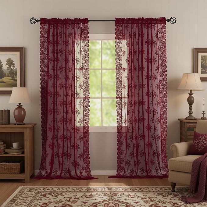 Kotile Burgundy Floral Lace Curtains - Image 5