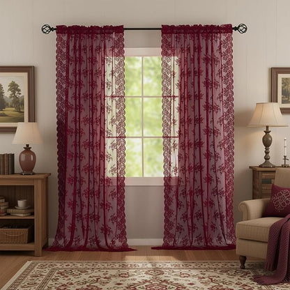 Kotile Burgundy Lace Curtains for Living Room Floral 42 x 84 Inch, 2 Panels | - Image 6
