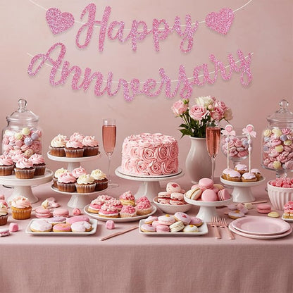 BEISHIDA Pre-Strung Glitter Pink Happy Anniversary Banner Wedding Decor | Happy - Image 6