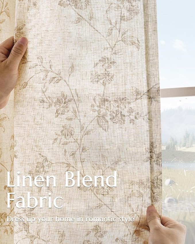 jinchan Taupe Floral Linen Curtains 96 Inch Farmhouse Back Tab 2 Panels | - Image 3