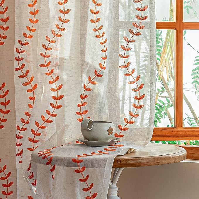 2 Panels Linen Leaf String Floral Embroidered Semi Sheer Curtain Farmhouse by AmHootextile