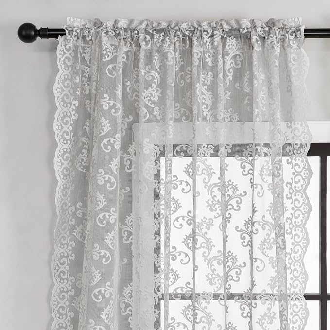 FOLKSIDE Grey Lace Curtains 54 Inch Length 2 Panels Paisley Pattern Rod Pocket - Image 3