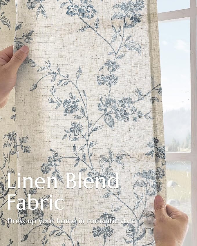 jinchan Blue Floral Linen Curtains 96 Inch French Country Back Tab 2 Panels | - Image 3