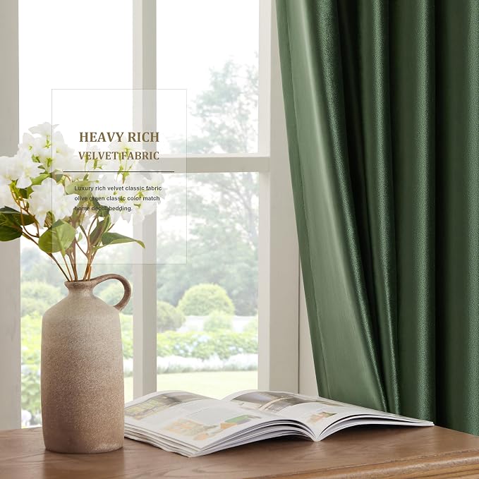 BULBUL Velvet Oilve Green Blackout Curtains 108 inch Length - Image 4