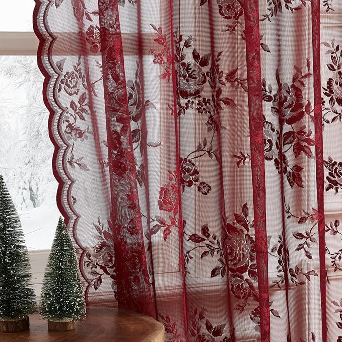 Burgundy Lace Curtains 84 Inches Long Vintage Floral Curtains 2 Panels by SEEKRIGHTHomeDecor