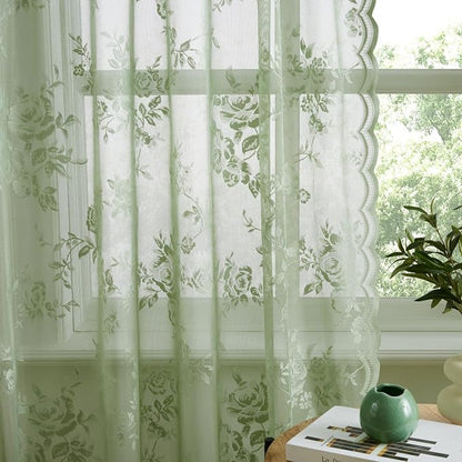 Light Green Lace Curtains 72 Inch Length Country Rustic Floral Sheer Curtains - Image 5