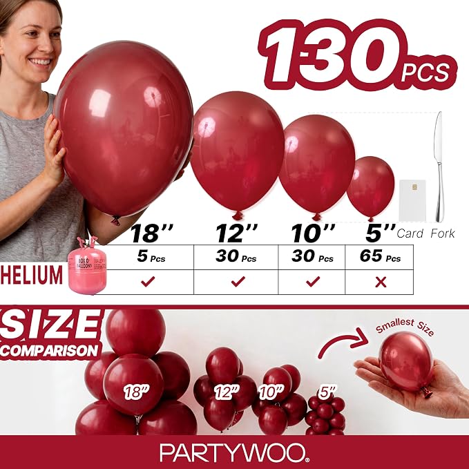 PartyWoo Burgundy Balloons 130pcs Dark Chestnut Red Maroon Color | 18 12 10 5 - Image 6