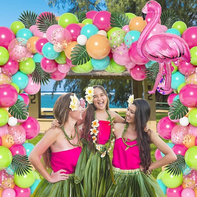 124Pcs Tropical Balloons Arch Garland Kit Flamingo Party Decor | Green Hot Pink - Image 3