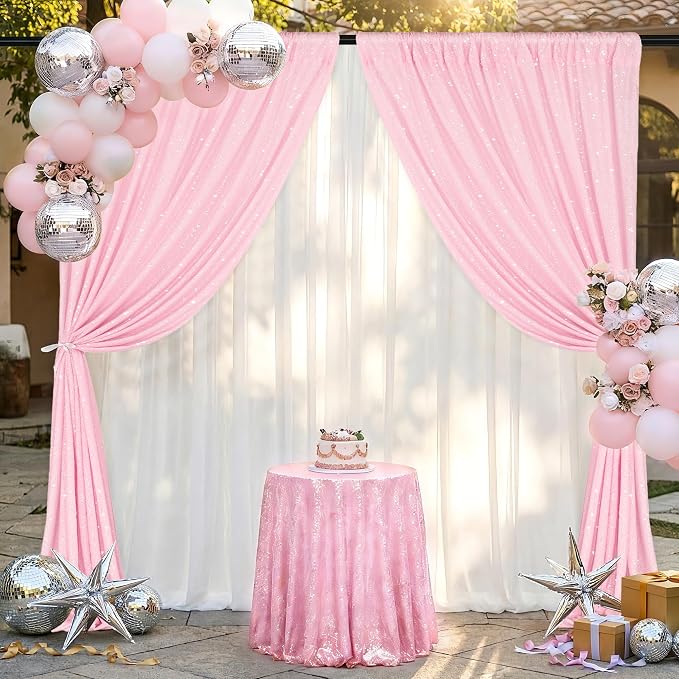 Party Backdrop Curtains 2 Panels 4ftx8ft Pink Sequin Photo Backdrop Glitter - Image 4