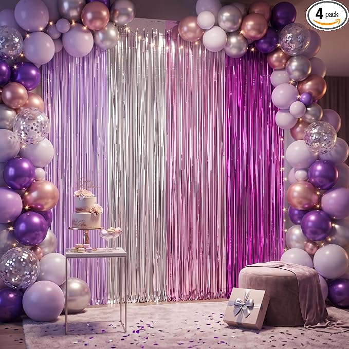 Frienda 4pcs Purple and Silver Party Decorations 6.6ft Fringe Curtains by Frienda