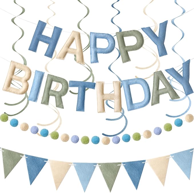 Kriyokiaa Dusty Blue Sage Green Happy Birthday Banner Party Set | Pre-strung by Kriyokiaa