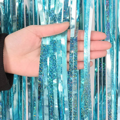 Blue Tinsel Foil Fringe Curtain Backdrop, 3.3 x 8.2 ft Metallic Glitter Curtain - Image 7