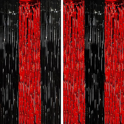 Voircoloria Red Black Foil Fringe Backdrop Curtains, 2 Pack | Tinsel Streamers by Voircoloria