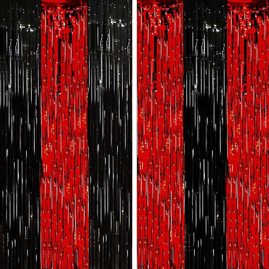 Voircoloria Red Black Foil Fringe Backdrop Curtains, 2 Pack | Tinsel Streamers by Voircoloria