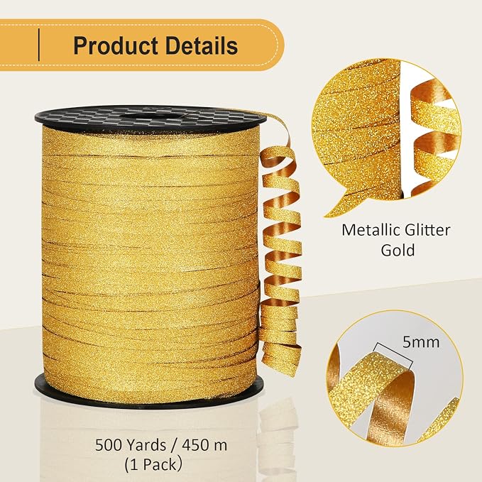 500 Yards Gold Ribbon Curling Glitter, Balloon String, Shiny Metallic Curly Roll - Image 2