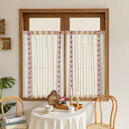 jinchan Red Floral Embroidered Linen Kitchen Curtains 54×45 Inch 2 Panels | - Image 3