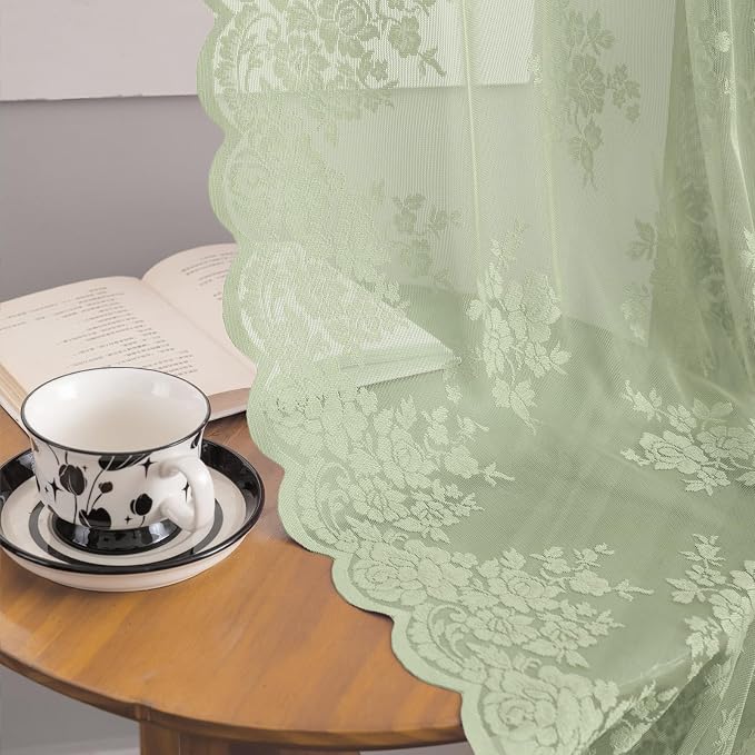 Kotile Vintage Sage Green Lace Curtains - Image 4